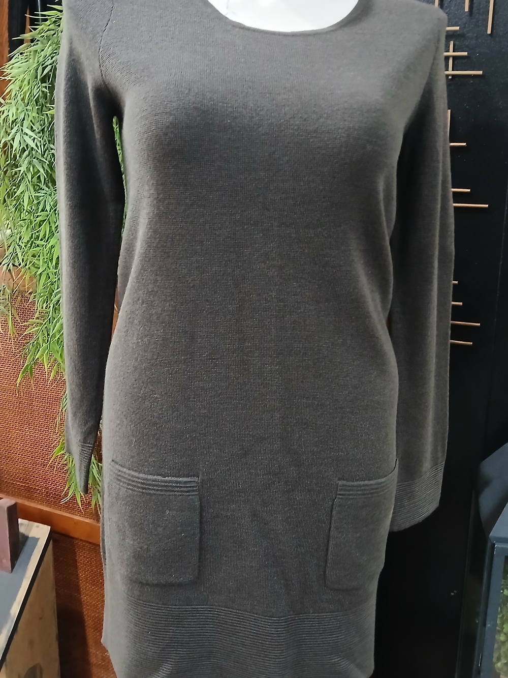 Adrienne Vittadini Dark Mocha Brown Green Knit Mini Dress with Pockets Size L